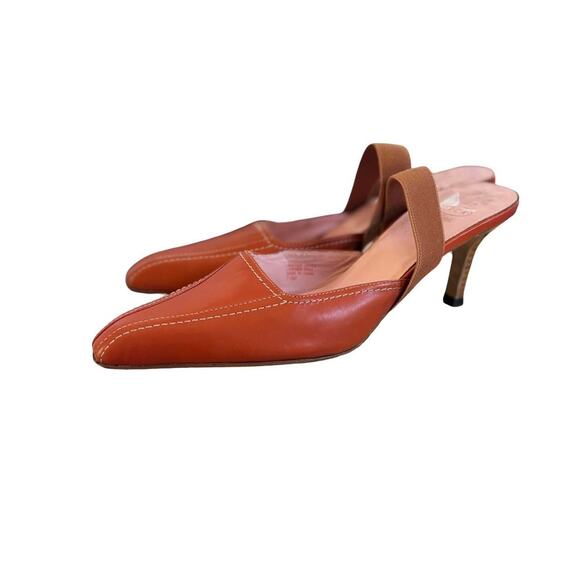 90'S VTG. BURNT ORANGE PUMPKIN POINTED TOE KITTEN MULES PUMPS  JOAN & DAVID7-7.5 - Picture 2 of 9